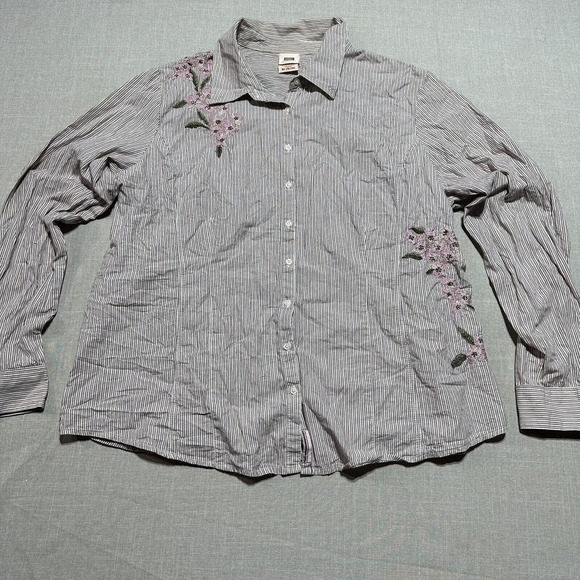 Faded Glory Womens White Pink Floral Striped Button Long sleeve shirt Size XL - Picture 1 of 10